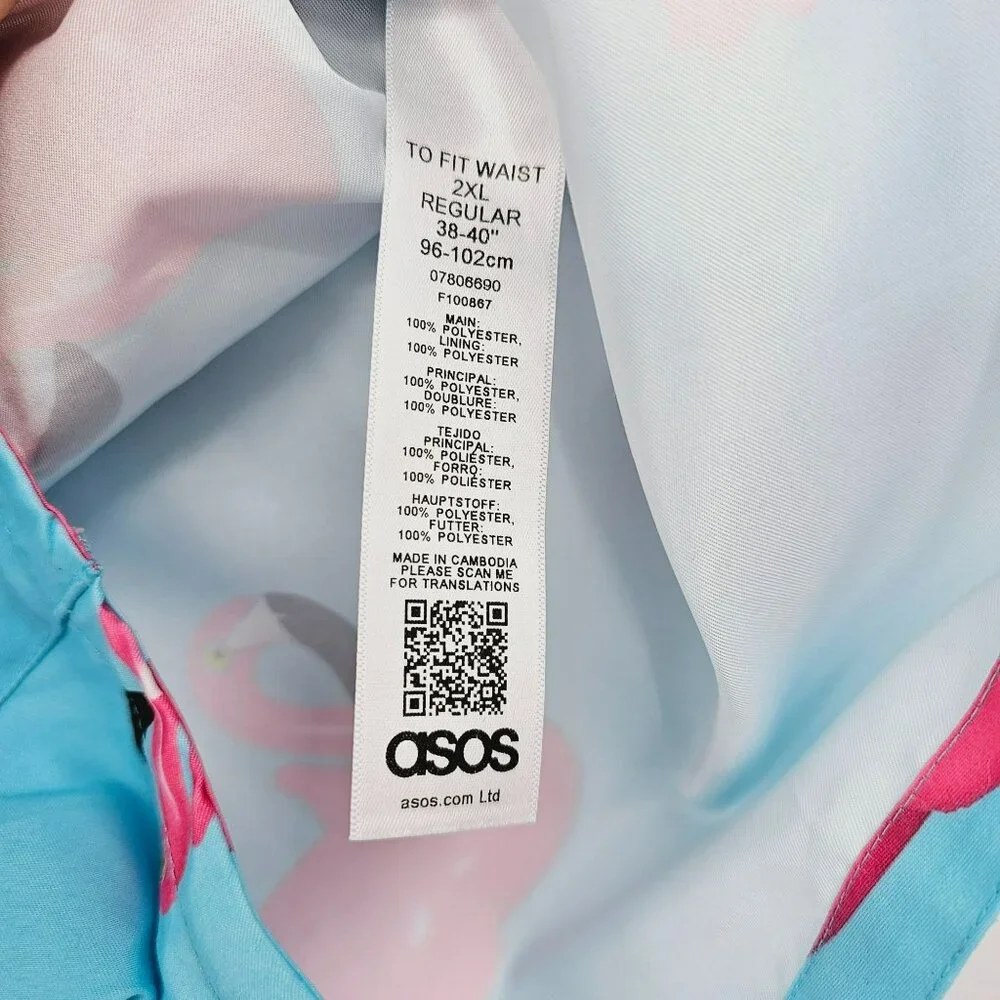 Asos Swim Shorts 2XL Blue Pink Flamingo Print Unlined Pockets Elastic Waist Tie